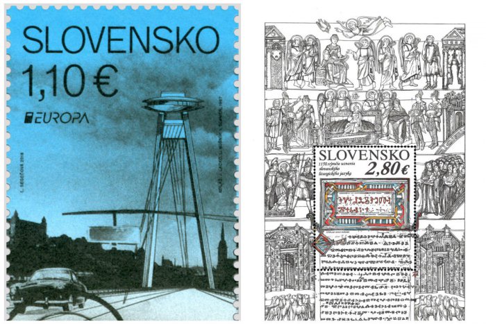 Ilustračný obrázok k článku Slovenská pošta vydala dve nové známky - s Mostom SNP a rukopisom v hlaholike